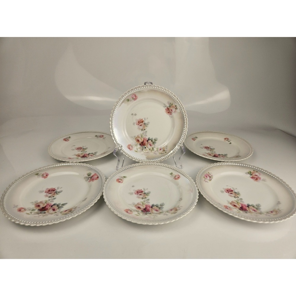Koenigszelt Silesia Floral‎ Dessert Plates Set of 6 Pearl Rim Vintage
